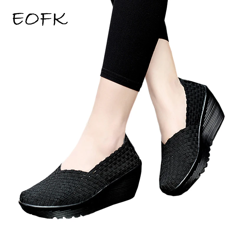 EOFK-zapatos de cuña de plataforma para mujer, mocasines transpirables tejidos, hechos a mano, elásticos, sin cordones, de nailon de alta (5cm-8cm), informales, 2020