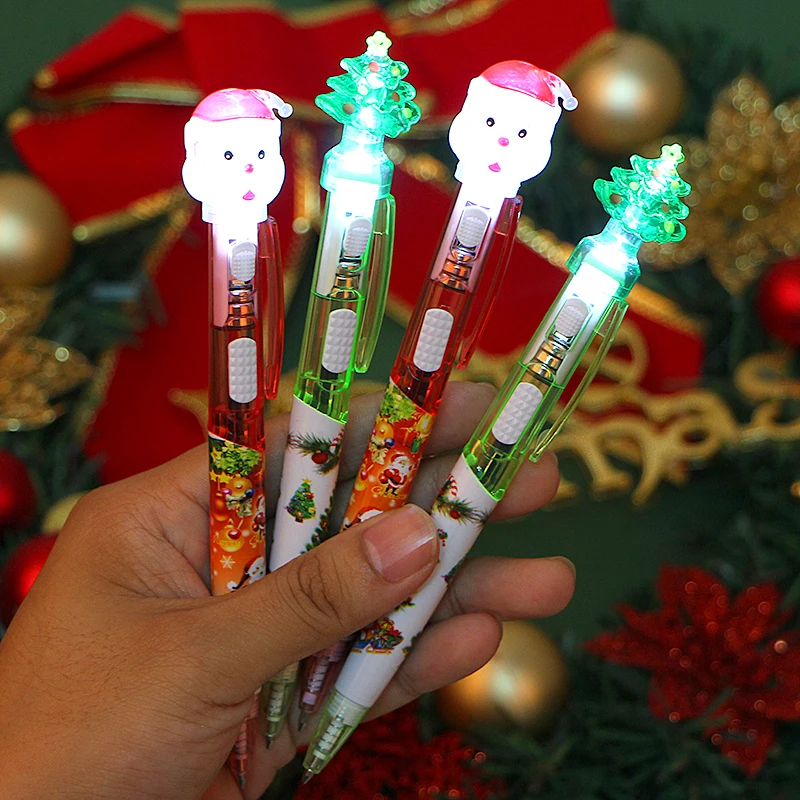 2pcs Light Up Christmas Ballpoint Pen 0.5mm Blue Ink Santa Claus LED Lights Writing Pen Kids