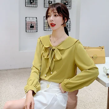 

COIGARSAM Ruffles Chiffon Full Sleeve Solid blouse women New Spring Belt blusas womens tops and blouses Yellow 9230