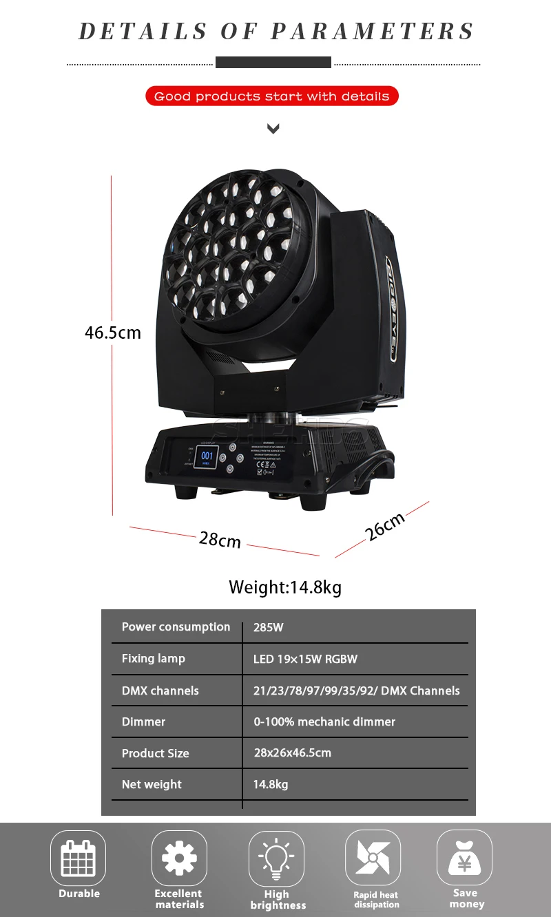 LED Beam+Wash Big Bees Eyes 19x15W RGBW Zoom Lighting DMX Effect Wash Moving Head DJ Disco Party Wedding Decoration Family Bar