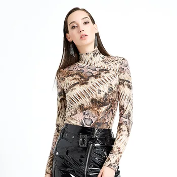

2020 Spring Office Lady Solid Slim Fit Sexy Tee Elegant High Collar Elegant Long Sleeve Snakeskin Print Women Dress Printed Tops