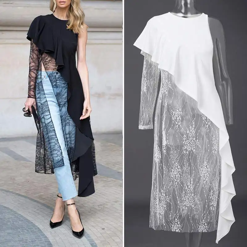 

Women Lace Blouse Irregular Shirts VONDA 2020 Summer Patchwork Blouse Lady Office One Shoulder Party Tops Femininas Plus Size