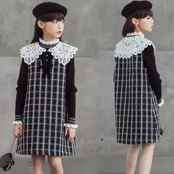 

Christmas Gift Teen Girls Clothing Sets Warm Winter Sleeveless Plaid Lace Dress + Turtleneck Sweater Toddler Girls Suits 8 10 12