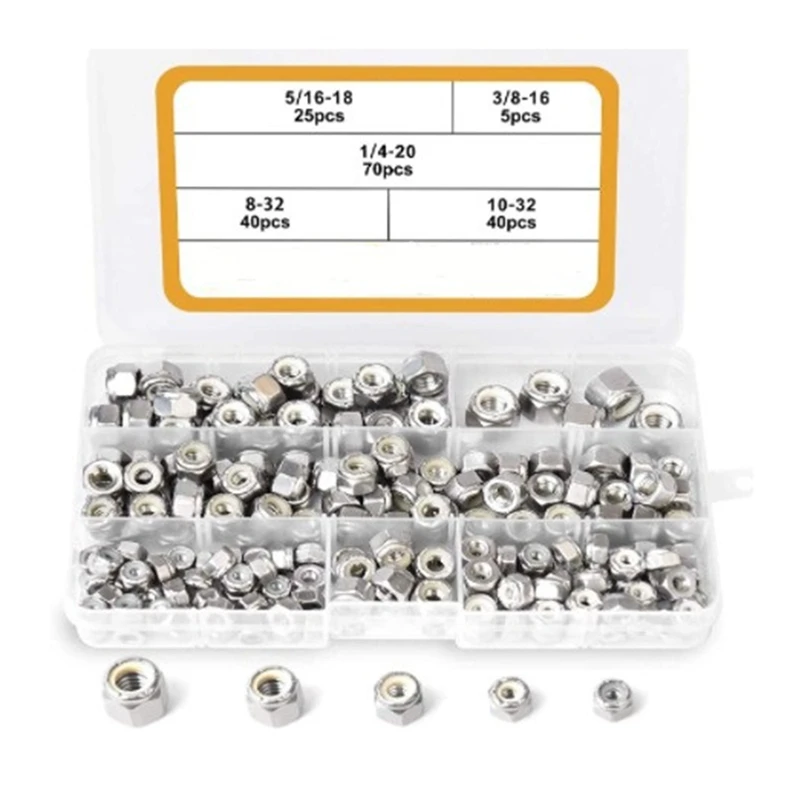 180PCS 1/4-20 5/16-18 3/8-16 8-32 10-32 Lock Nuts Nylon Insert Nut Assortment Kit 304 Stainless Steel Hex Locknuts | Обустройство