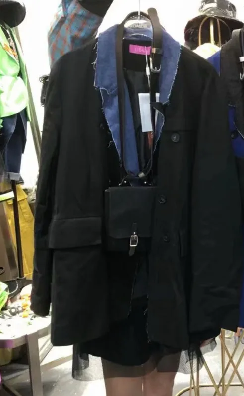 [EWQ] Новинка осени, длинный рукав размера плюс, женское Трендовое пальто, корейский стиль, Модная Джинсовая стеганая куртка цвета хаки с карманами QL570 - Color: Black