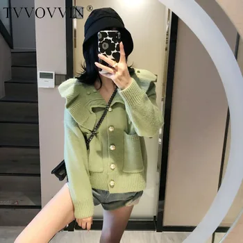 

TVVOVVIN 2020 New Sweater Single-breasted Open Stitch Solid Long-sleeve Casual Pocket Turn-down Collar Loose Patchwork A397