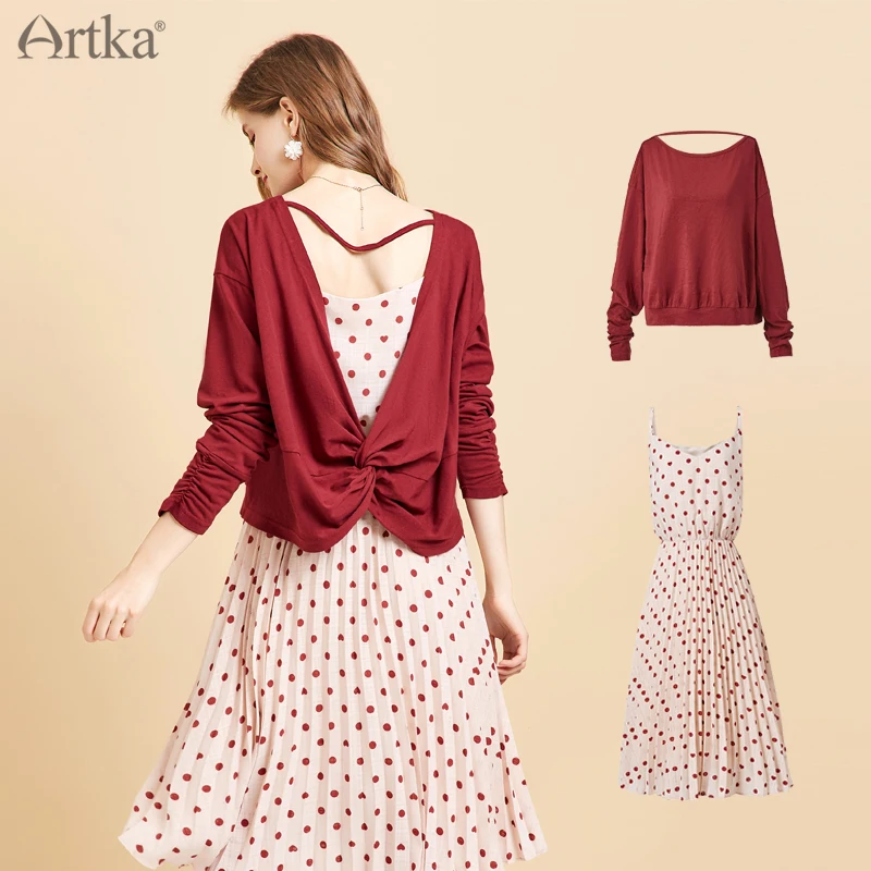 

ARTKA 2019 Autumn New Women Dress Set Chiffon Dot Spaghetti Strap Dress Back Hollow Design Casual Knitting Sweater Set LA10399Q