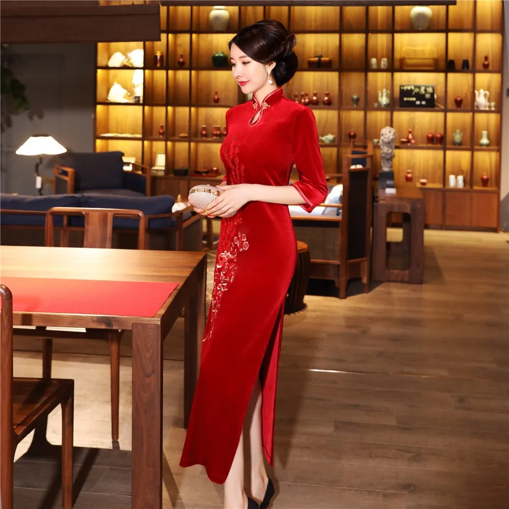 Шанхай история бархат Cheongsam китайское платье вышивка Qipao длинное