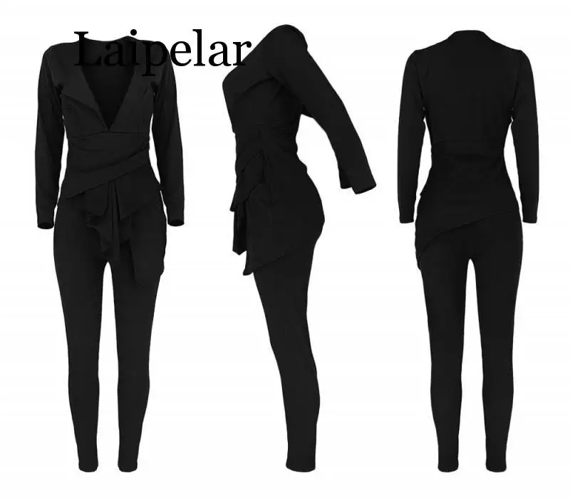 Sexy Deep V Solid Women Two Piece Suits Autumn Long Sleeve Irregular Hem Female Matching Sets Winter Casual Club Black Outfits