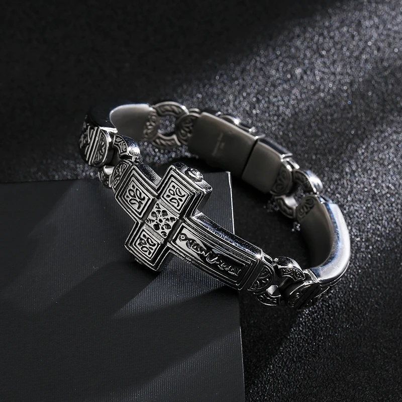 Fongten Cross Charms Bangle For Men Stainless Steel Heavy Mens Bangle Bracelets Male Retro Rune Silver Color Jewelry Armband
