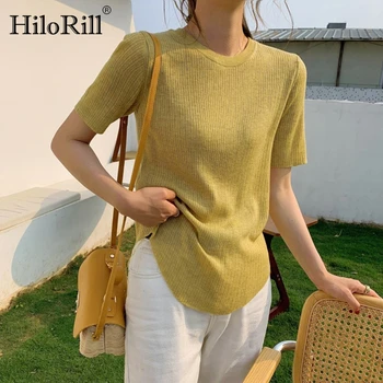 

Women Summer O Neck Knitted Casual T Shirt Solid Color Short Sleeve Elegant Tops Ladies Sweet Basic T-shirt 2020 Teeshirt Femme