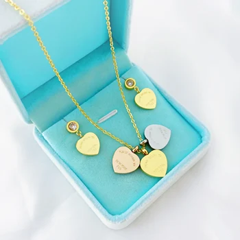 

New Arrival Love Double Heart FOREVER LOVE Stainless Steel Necklace Earrings Jewelry Wholesale Gift For Women