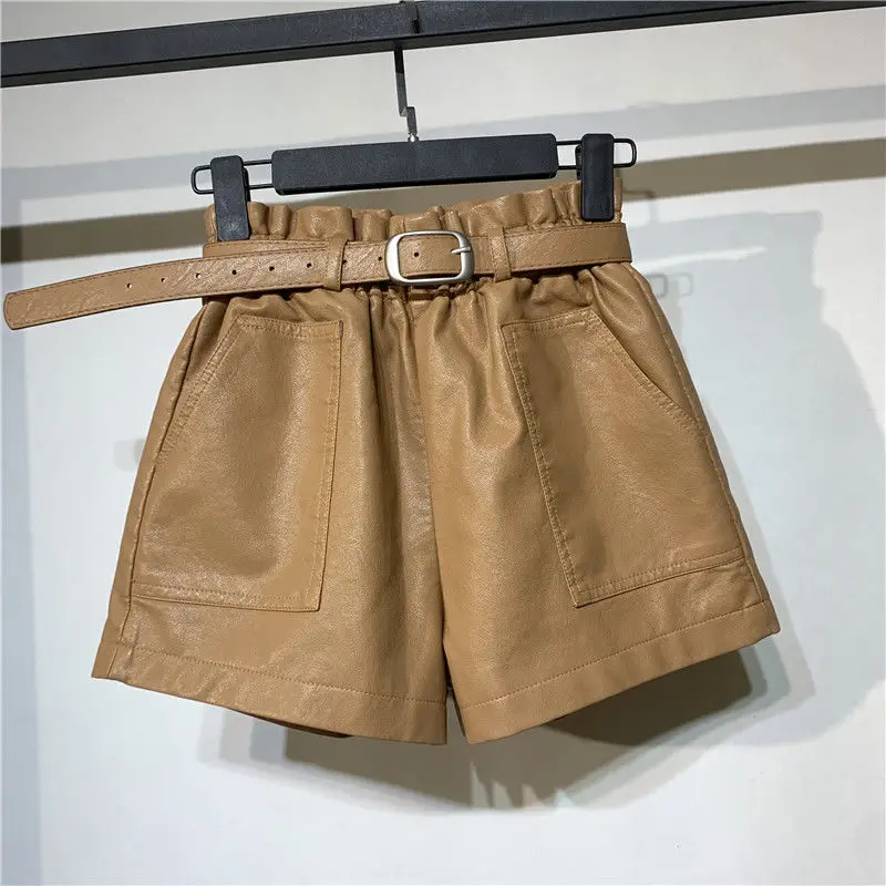 Belt Included Korean Style High Waist Pu Leather Shorts Womens Autumn Winter Booty Shorts