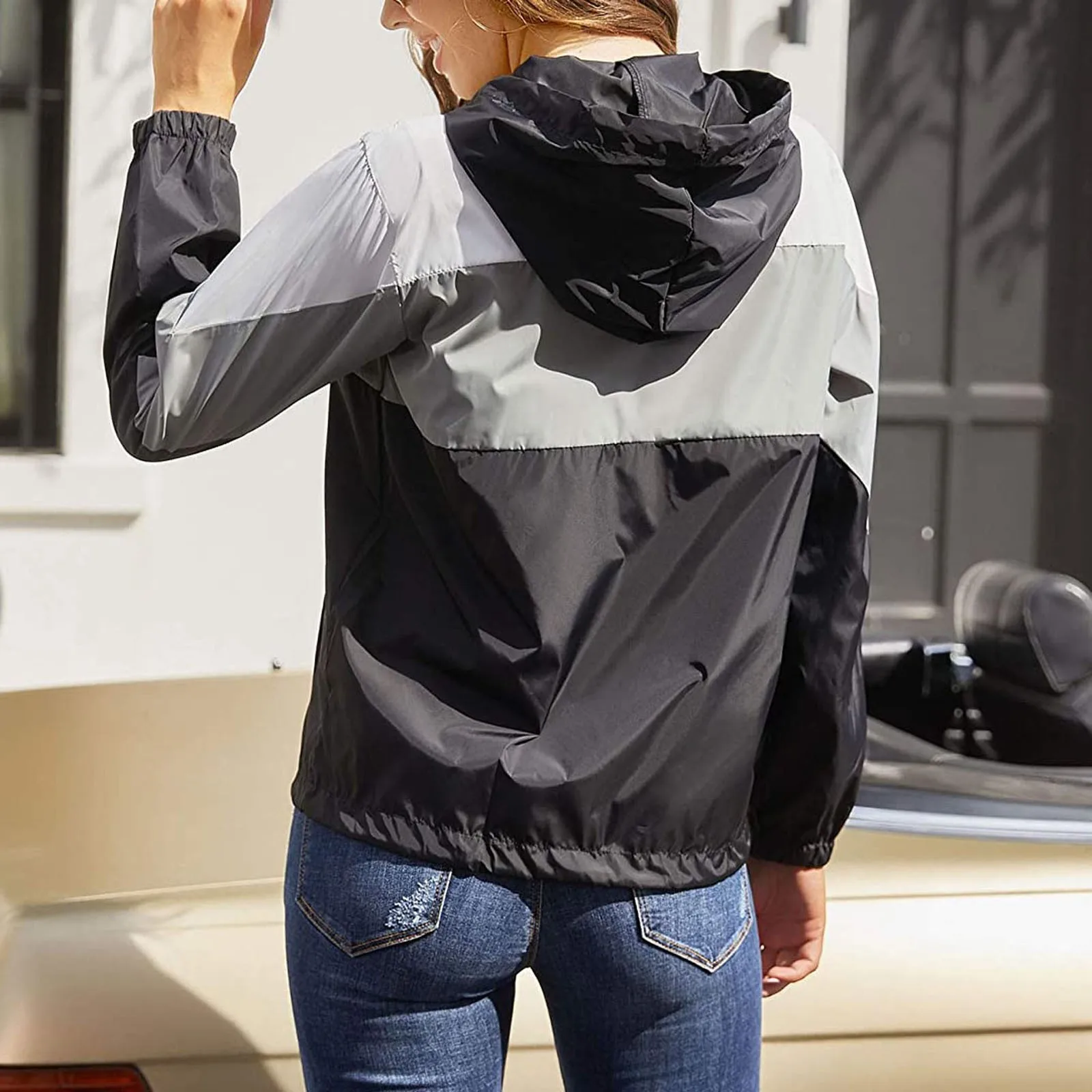 Fashion Hooded Windbreaker Jacket Women's Patchwork Lightweight Zipper Packable Jackets Autumn Casual Coats Outerwear Raincoat 2