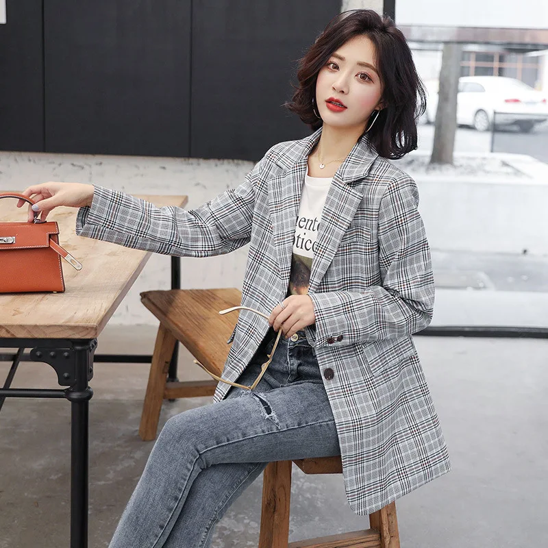 

Retro Hong Kong Style Plaid Suit Jacket Women's 2019 Autumn New Style Elegant Versatile Harajuku Wind Korean-style BF Small Suit