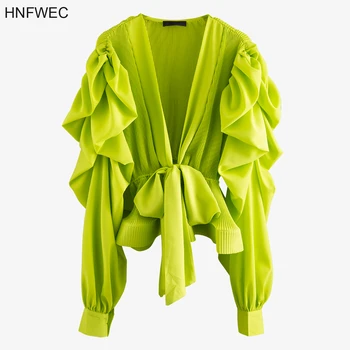 

Women Blouse Deep V Neck Lantern Sleeve Women Shirts Bow Bandage Pleated White Blouse Vintage Ruffles Ladies Tops 2020 V913