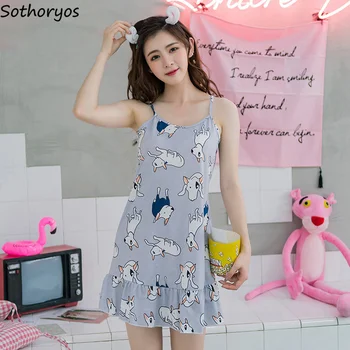 

Nightgowns Women Sleeveless Loose Cartoon Printed Summer Sweet Womens Sleepshirts Trendy Kawaii Lovely Students Homewear Cute