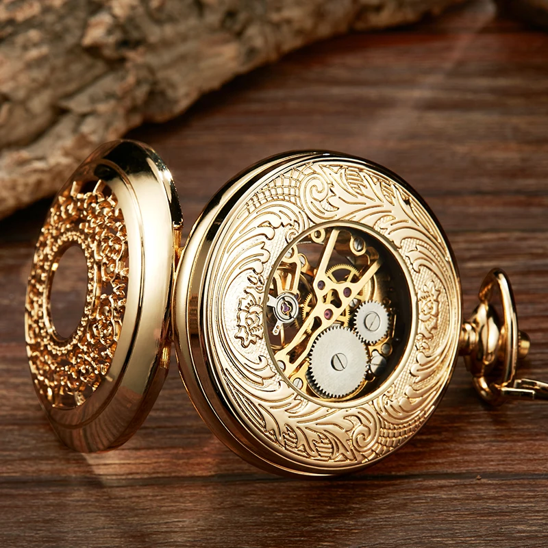 Hollow Mechanical Movement Pocket Watch Gold Dial with Arabic Numeral Luxury Gift for Men Hollow Pattern Design Business Fashion