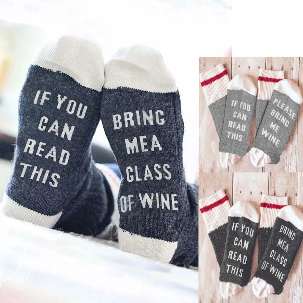 Autumn Winter Custom Lettered Striped Socks If You Can Read This Bring Me a Glass of Wine Halloween Kawaii Gift Sox Dropship | Женская