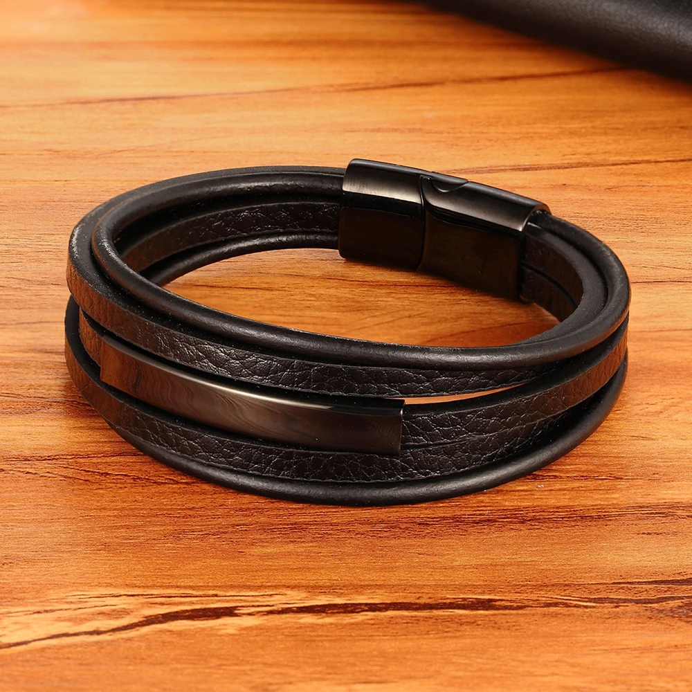 Geometric Stainless Steel Accessories Combination Leather Men’s Bracelet Classic Multi-layer Luxury Style For Handsome Boys Gift