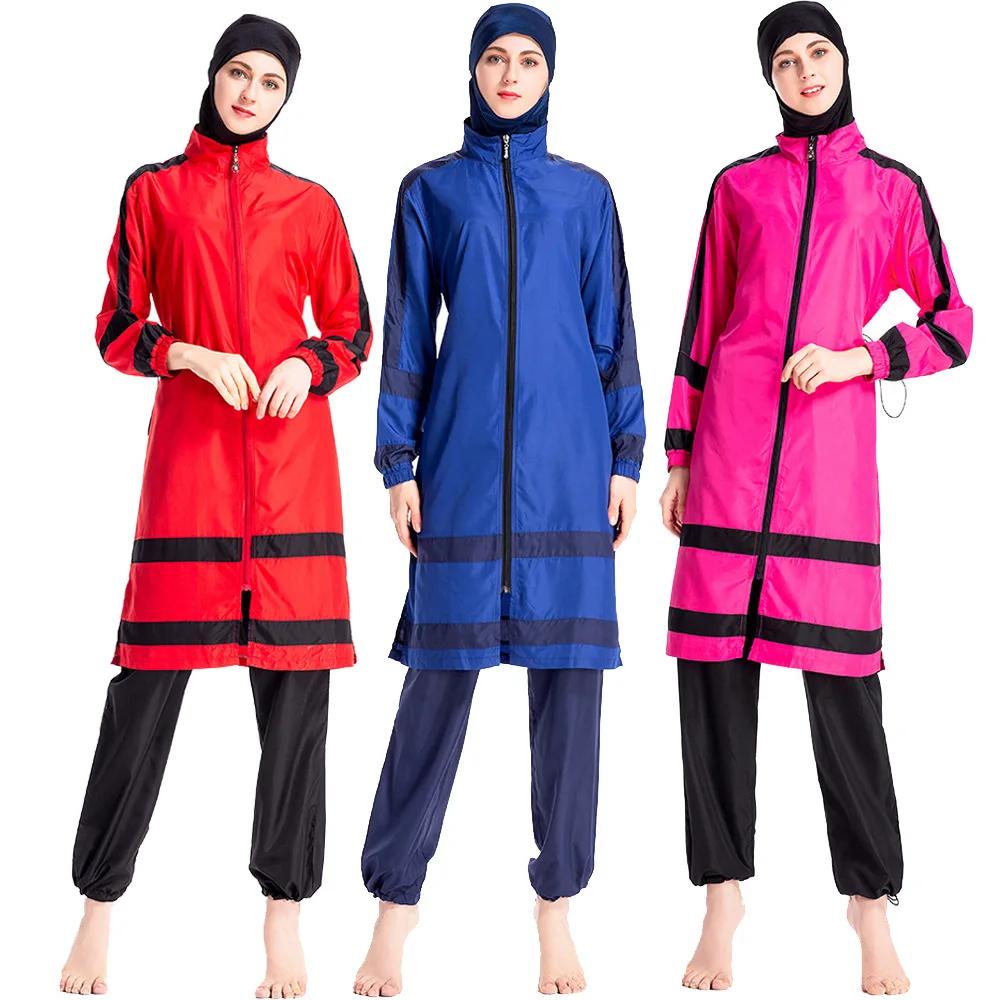 

New Style Mixed Colors Conservative Women Bathing Suit Loose And Plus-sized Zipper Middle East Female Thin Sports Clothing Three