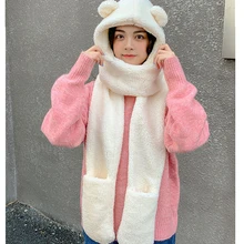 Cute Bear Ear Hat Scarf Gloves Set women winter hat Warm Casual Plush Hats Casual Solid Fleece Girl Kawaii Accessories