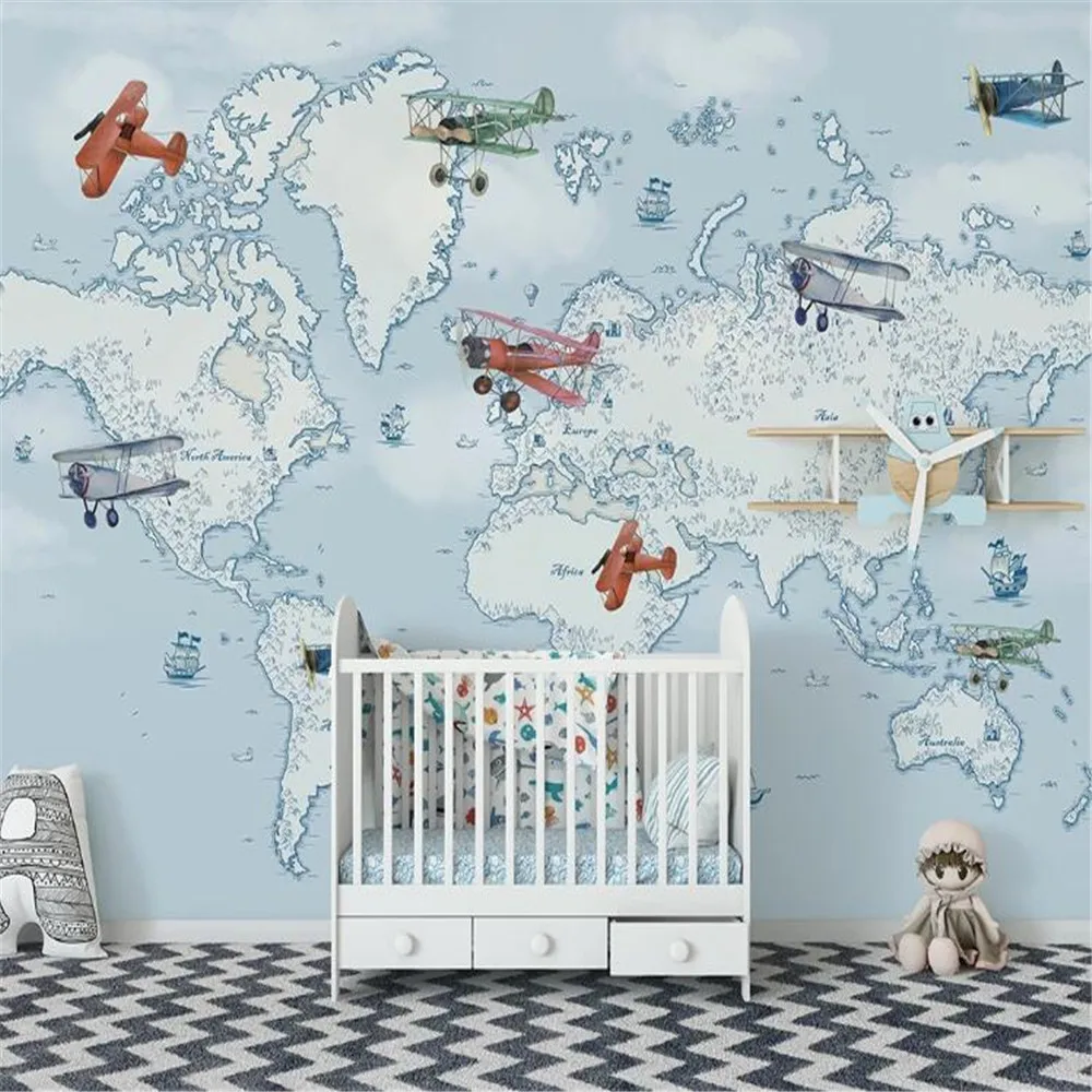 

Milofi professional large wallpaper mural hand-painted children cartoon airplane ocean background wall decoration painting