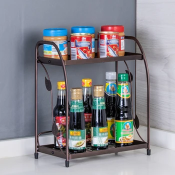

Kitchen Wrought Iron Double Layers Shelf Bowl Pot Storage Rack Seasoning Bottle Shelf Storage Rack for Home Restaurant
