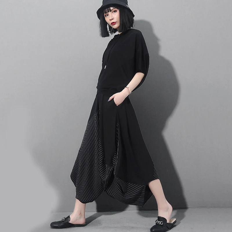 [EAM] High Elastic Waist Black Striped Split Long Harem Trousers New Loose Fit Pants Women Fashion Tide Spring Autumn 2020 1Z313