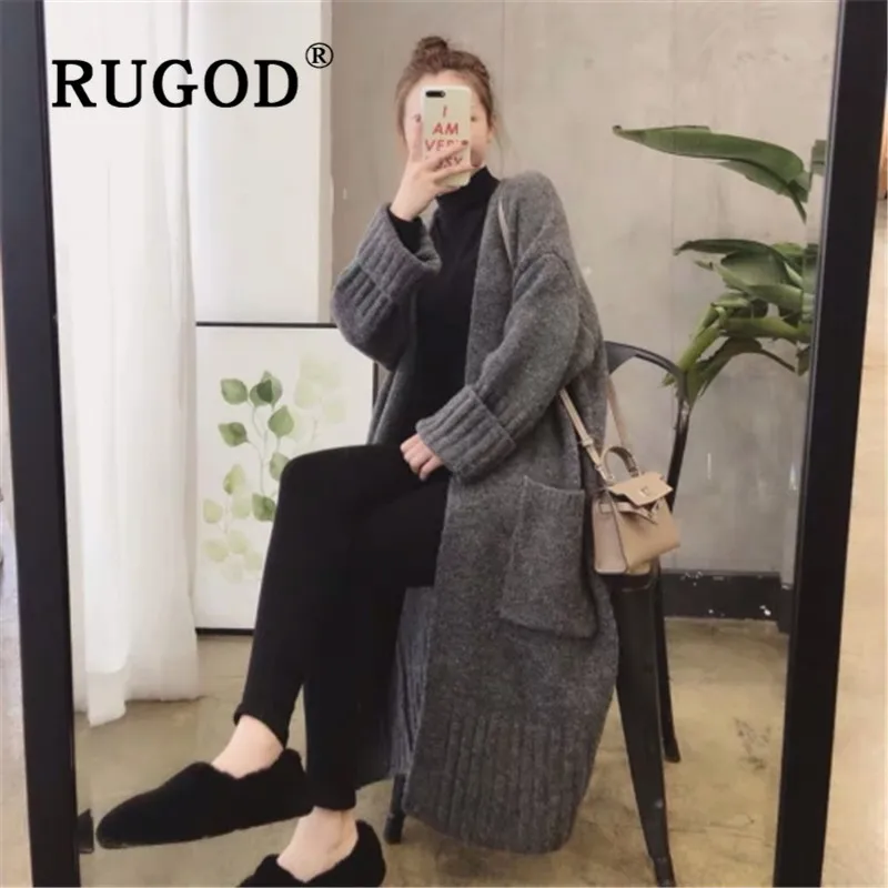 RUGOD осень зима стиль Шикарный средней длины кардиган толстый свитер сплошной цвет размера плюс женская мода