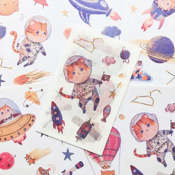 

6 Sheets Space Cat Starry Planets Paper Diary Stickers Decorative Album Notebook Decor