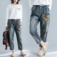 4622 Рваные Джинсы бойфренда для женщин с вышивкой кота винтажные рваные джинсы для женщин с дырками эластичный пояс широкие джинсы для женщин