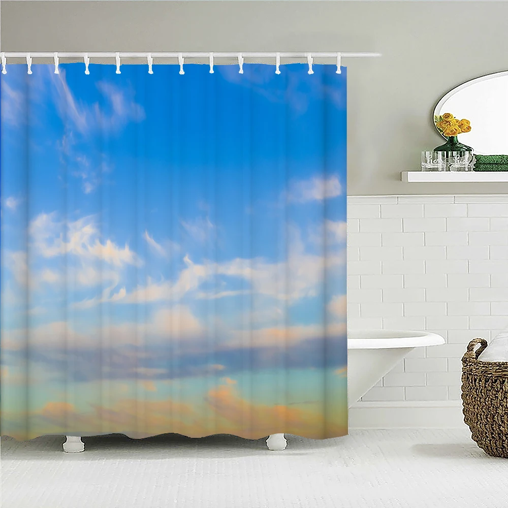 Old Grunge Brick Wall White Clouds Blue Sky Shower Curtain Waterproof