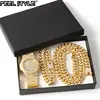 Gold Necklace +Watch+Bracelet Hip Hop Miami Curb Cuban Chain Gold Full Iced Out Paved Rhinestones CZ Bling For Men Jewelry 1