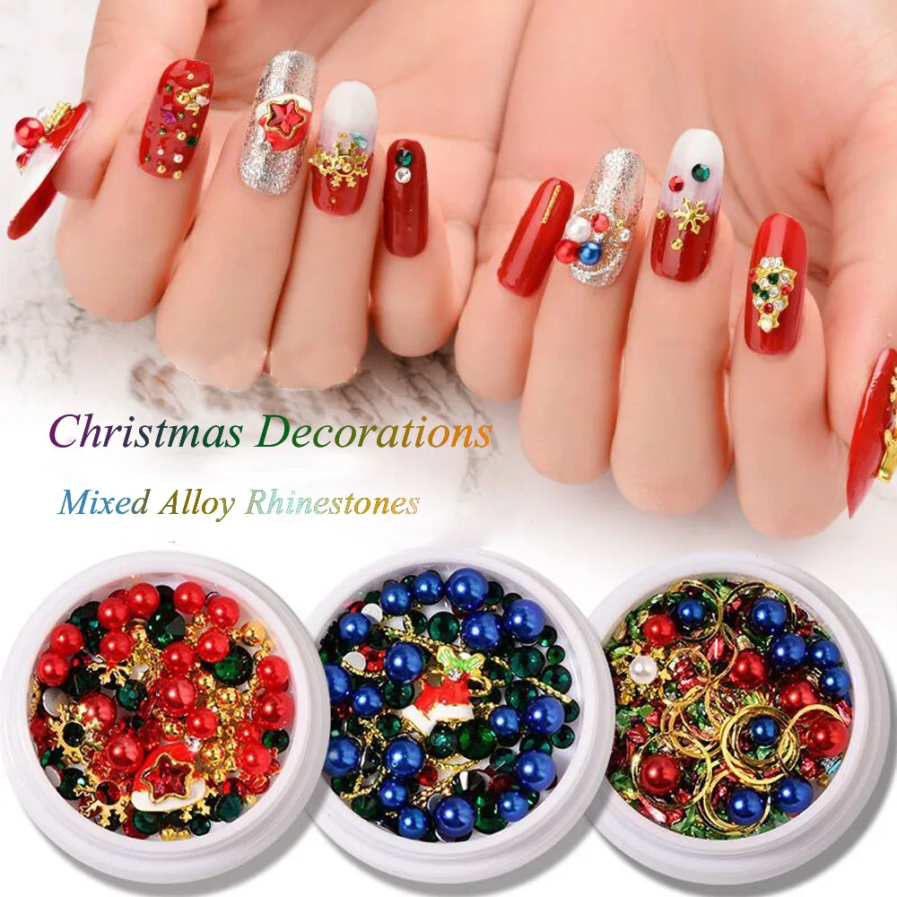 BQAN 1 Box Christmas Nail Art Rhinestones Sequins with 1 Pc Alloy Decor Christmas Tree Christmas Elk Christmas Snowman Nail Tool