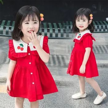 

2020 Summer Girl Short Dress Navy Turn-down Collar 1-6 Years Red Dress Short Sleeve Embroidery Dress Years Toddler Kids Clothes