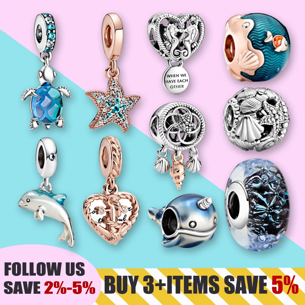 

2020 Summer 100% 925 Silver Beads Murano Glass Sea Turtle Dangle Charm 10 Ocean Styles Charms fit Original Pandora Bracelets