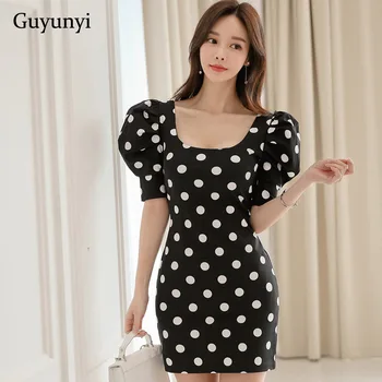 

Wave Point Office Lady Dress 2020 Summer Simple Square Collar Fashion Puff Sleeve High Waist Elegant Party Mini Dress Women