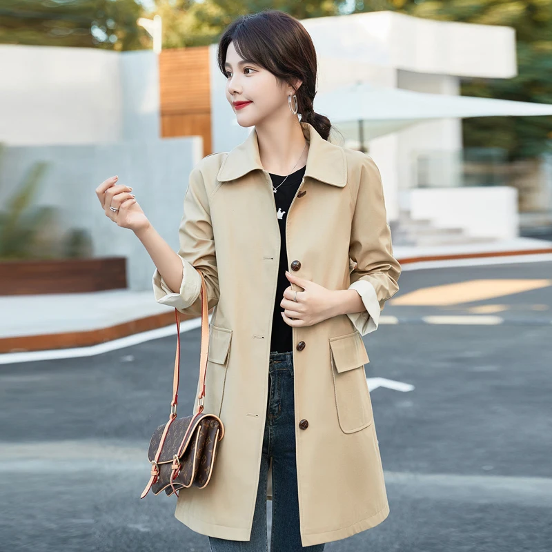 

2020 New Solid Trench Jackets Women Mid-length Single-Breasted Polo Collar Wide-Waisted Fashion Comfort Fall Jacket For Women