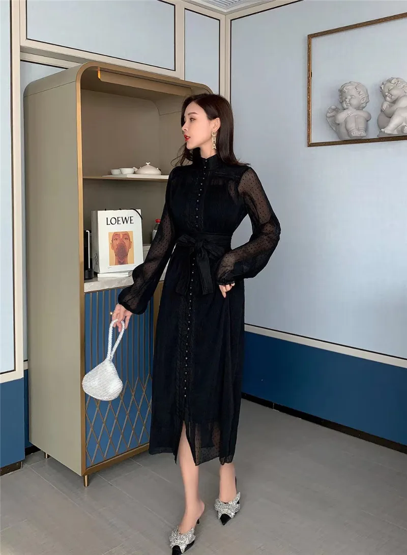 Новинка весны, модное длинное платье в горошек, женское однобортное элегантное пляжное платье средней длины со стоячим воротником и длинным рукавом, Vestidos