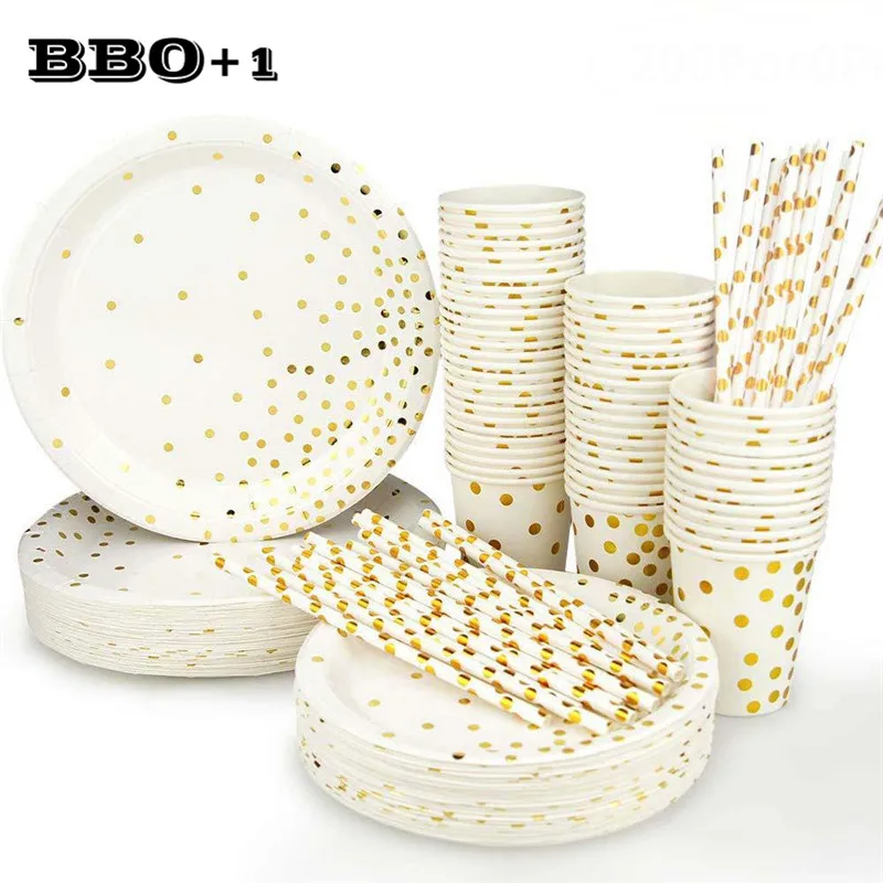 

200pcs Gold Dot Disposable Paper Plates Cups Set Gold Metallic Foil Dinner Plates Dessert Tray for Thanksgiving Christmas Party