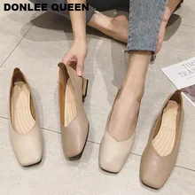 Zapatos planos de tacón bajo de madera para mujer, zapatillas de Ballet con punta cuadrada de marca poco profunda, mocasines sin cordones, talla grande 35-41
