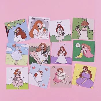 

12Pcs/set 6*6cm Korean Cartoon Girls Young Heart INS Album HD Photo Card Self Adhesive Stickers Photocard