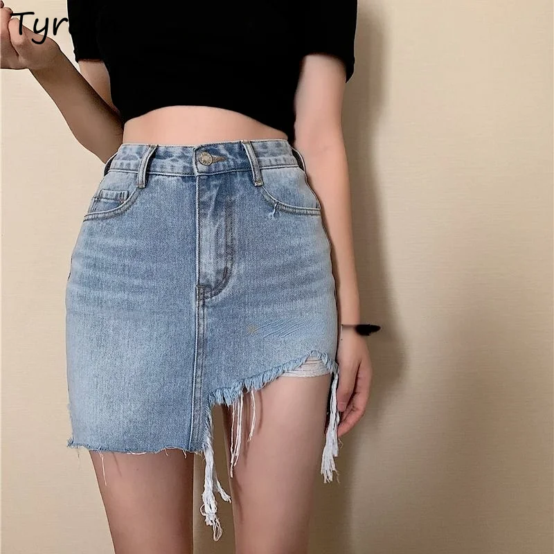 

Asymmetrical Mini Skirts Women Denim Korean Fashion All-match A-line Sexy Summer High Waist Chic Vintage Temperament Streetwear
