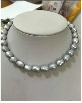 

9-10MM natural south seas silver grey pearl necklace 18'' 14k