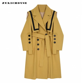 

ZURICHOUSE Long Coat Women Fashion Hit Color Navy Collar Button Design 2020 Loose Fit Bandbage Yellow Trench Female