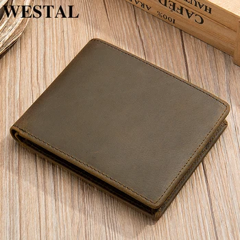 

WESTAL men's wallet crazy horse leather purse for men credit card holder male slime wallet short vintage men's money purse 8808