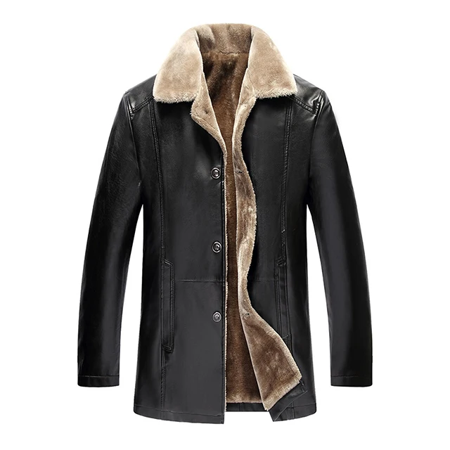 Классическая Кожаная флисовая куртка, зимняя теплая для мужчин, осенняя повседневная мужская Толстая коричневая куртка с меховым воротником, новое Брендовое пальто, парка для мужчин - Цвет: 497Black