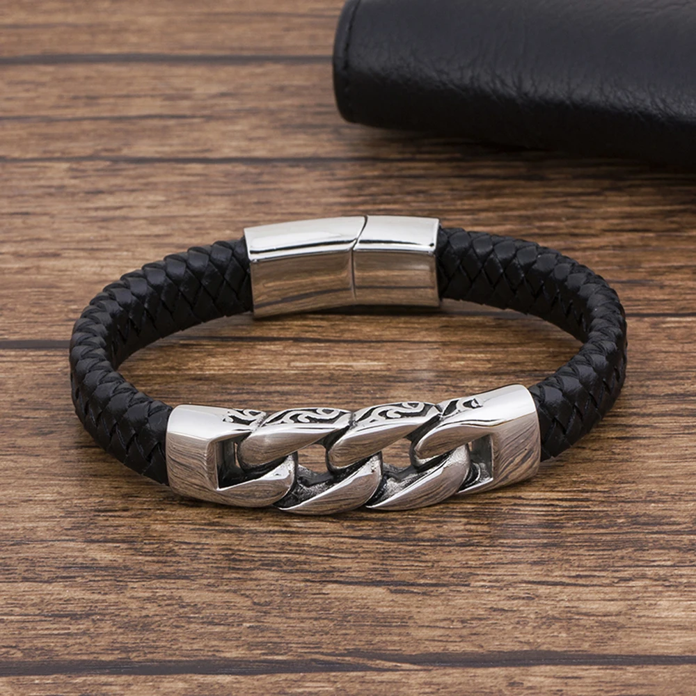 Charm Genuine Leather Black Stainless Steel Magnetic hk Bracelet Men Birthday Gift For boy friend TYO bracelet jewelry