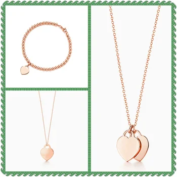 

SHINETUNG Original 100% S925 Sterling Silver Rose Golden Heart-Shape Pendant Trendy Bracelet Women Romance High-End jewelry Suit